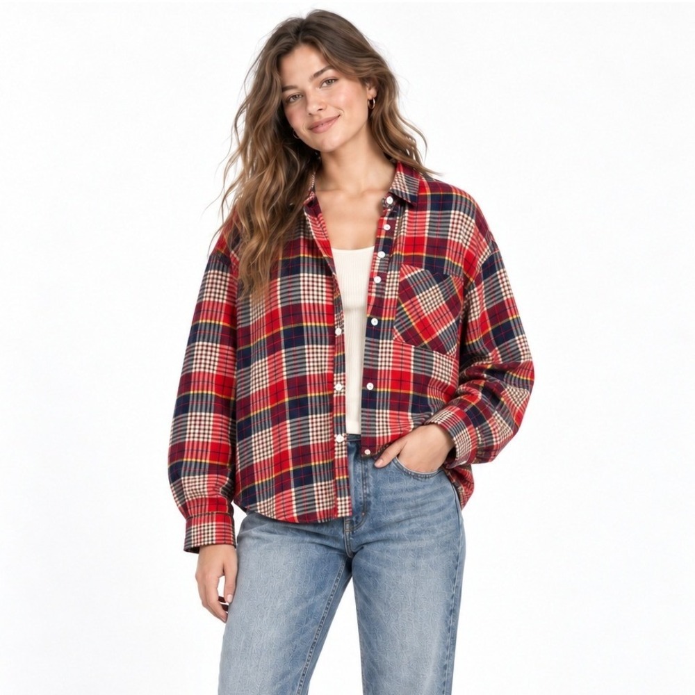 Aerie Patchwork Plaid Button Down Shirt M Red Navy Preppy Grunge Cabincore Fall